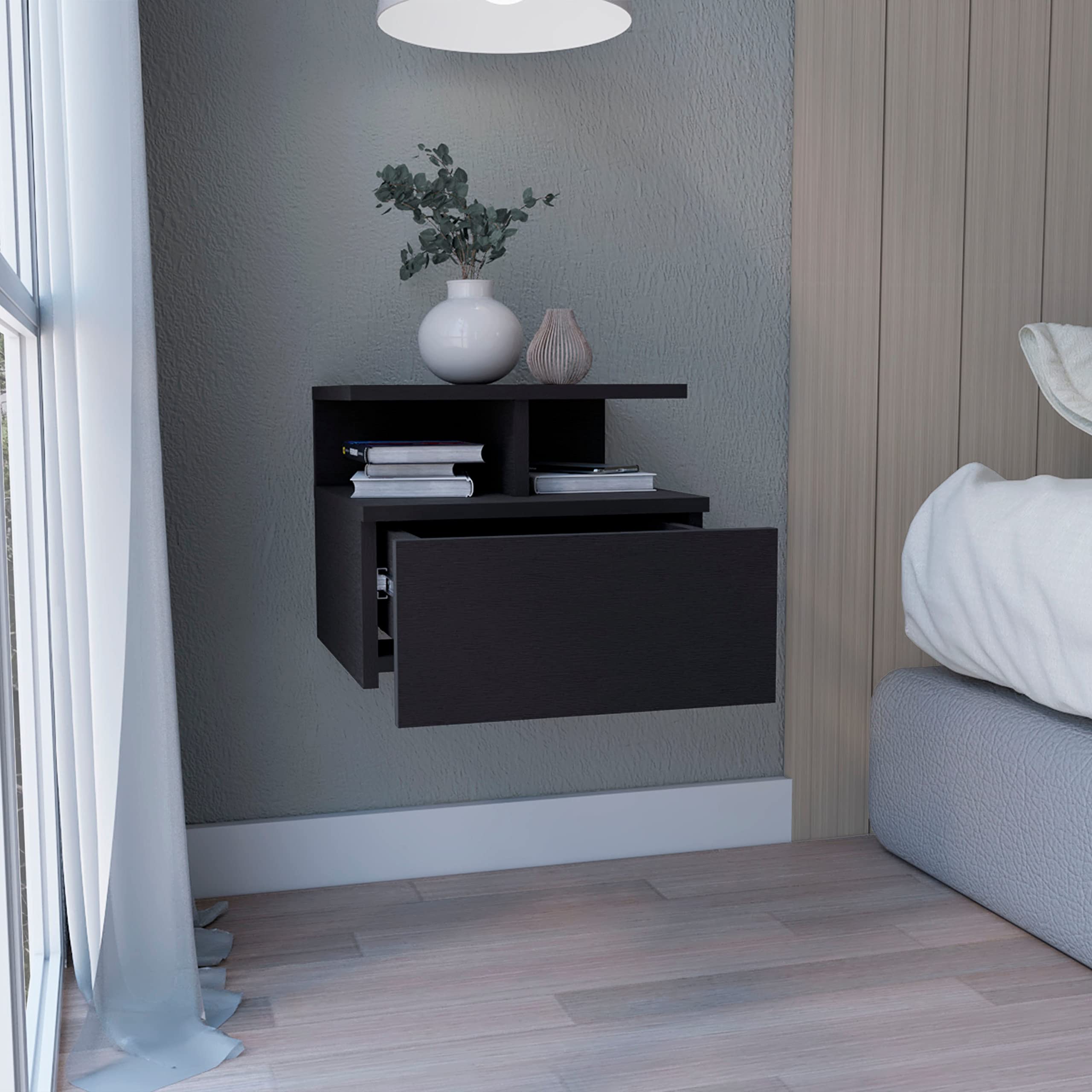 Depot E-Shop Floating Nightstand, Wall Mounted, Single Drawer, 2-Tier Shelf, Black, 12&Quot; H X 14.01&Quot; W X 13.22&Quot; D